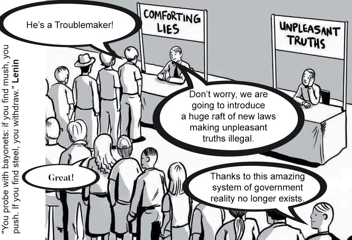 Infiltration and Subversion are this easy! Image description.. A crowd infront of two men. One represents comforting lies and has their attention. The other representing unpleasant truths is ignored.